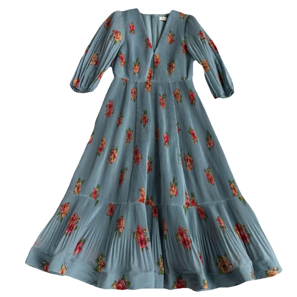 Zimmermann Women’s Size 2 Pleated Blue Floral Dress Midi 8 US, Medium Spring